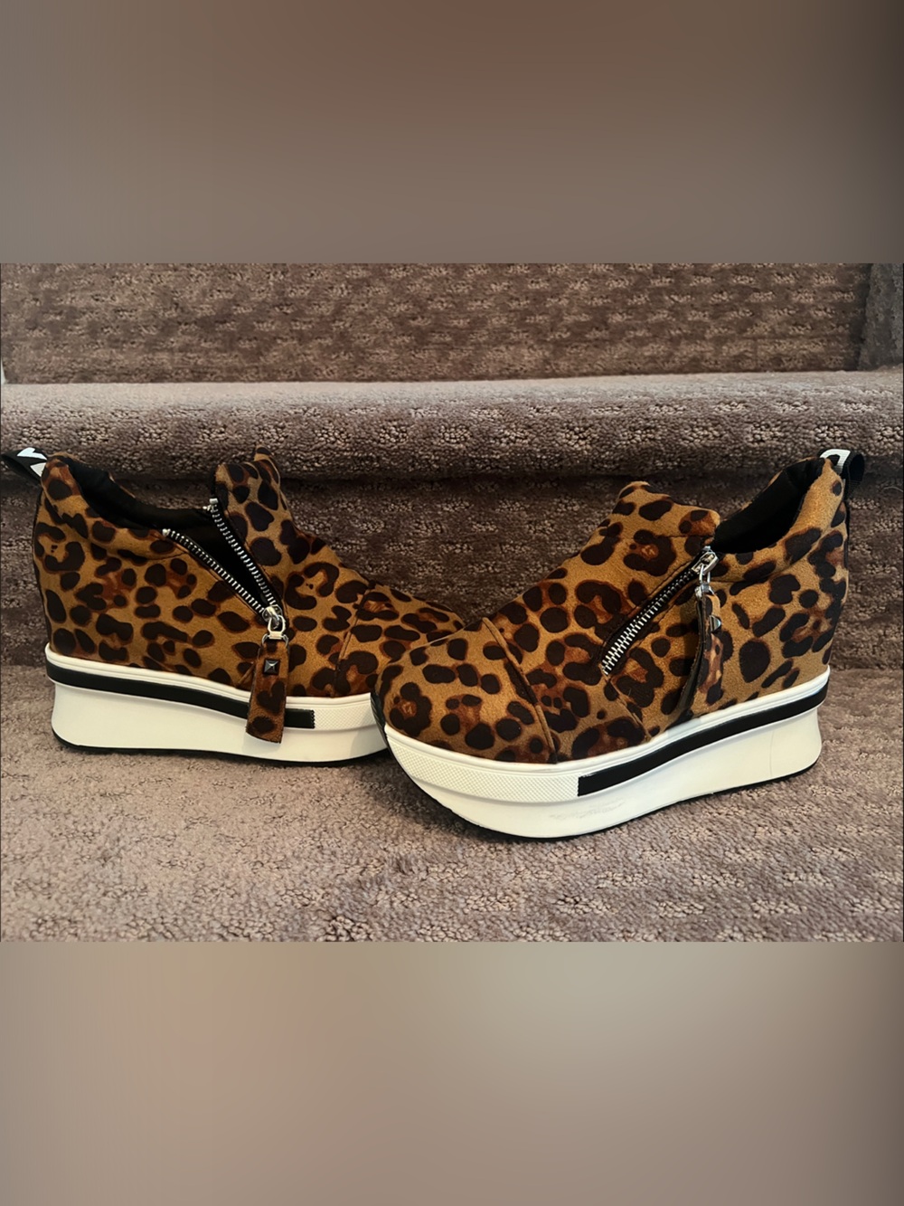 Source Unknown Leopard-Print Platform Wedge Sneakers - Brown Black